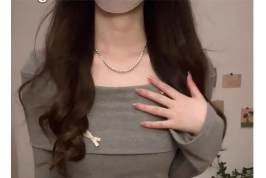 Long-Sleeve Square Neck Asymmetrical Bow Accent Ruched Slit Knit Top / High Rise Plain Pleated Maxi A-Line Skirt / Set