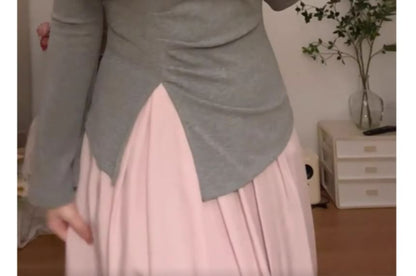 Long-Sleeve Square Neck Asymmetrical Bow Accent Ruched Slit Knit Top / High Rise Plain Pleated Maxi A-Line Skirt / Set