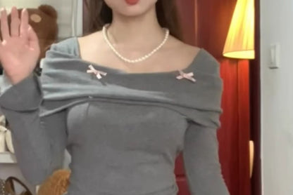 Long-Sleeve Square Neck Asymmetrical Bow Accent Ruched Slit Knit Top / High Rise Plain Pleated Maxi A-Line Skirt / Set