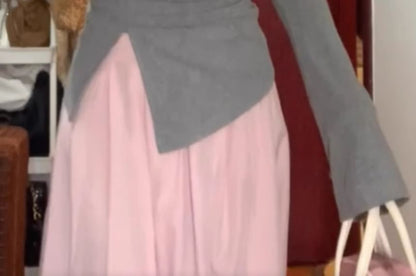 Long-Sleeve Square Neck Asymmetrical Bow Accent Ruched Slit Knit Top / High Rise Plain Pleated Maxi A-Line Skirt / Set