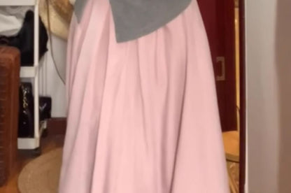 Long-Sleeve Square Neck Asymmetrical Bow Accent Ruched Slit Knit Top / High Rise Plain Pleated Maxi A-Line Skirt / Set