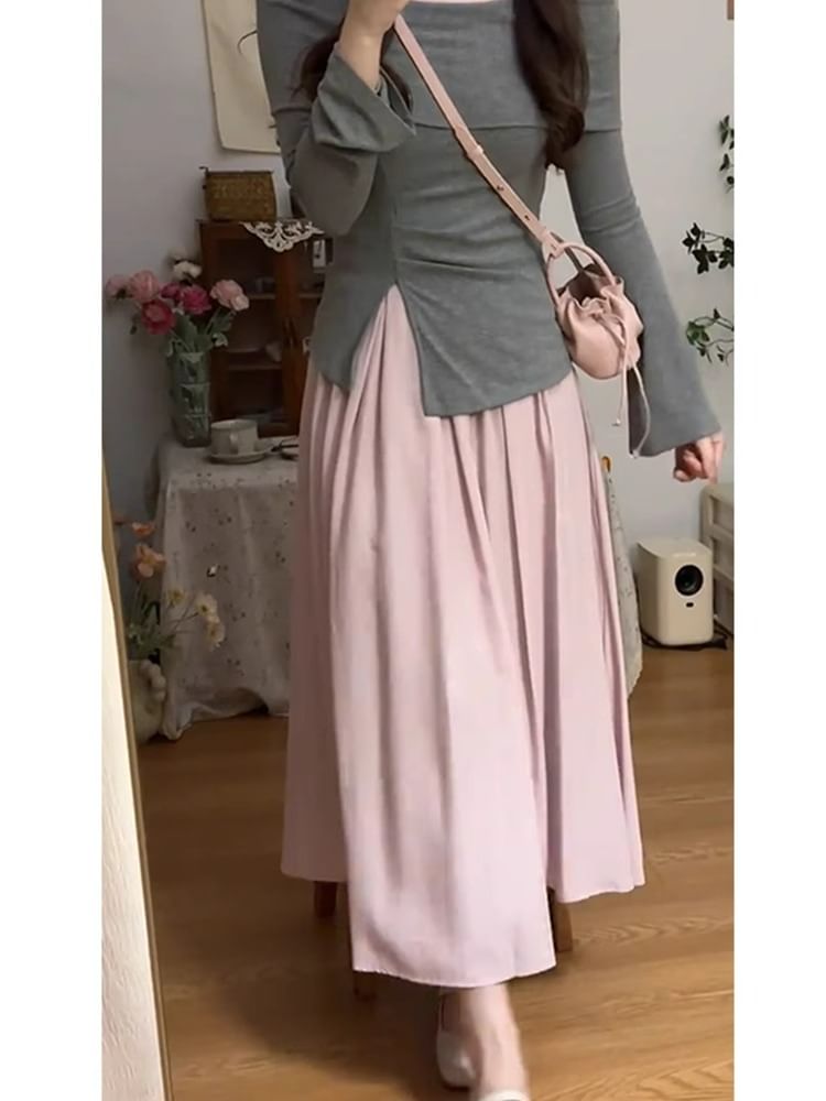 Long-Sleeve Square Neck Asymmetrical Bow Accent Ruched Slit Knit Top / High Rise Plain Pleated Maxi A-Line Skirt / Set