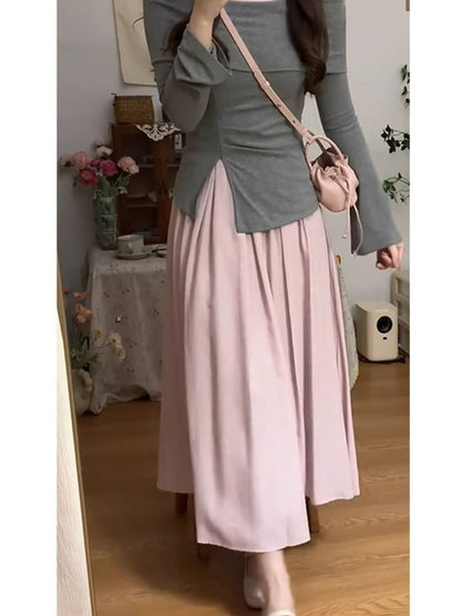 Long-Sleeve Square Neck Asymmetrical Bow Accent Ruched Slit Knit Top / High Rise Plain Pleated Maxi A-Line Skirt / Set