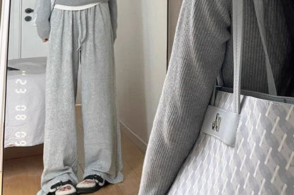 Long-Sleeve V-Neck Mock Two-Piece Two Tone Knit Top / Drawstring Waist Plain Wide Leg Sweatpants / Set