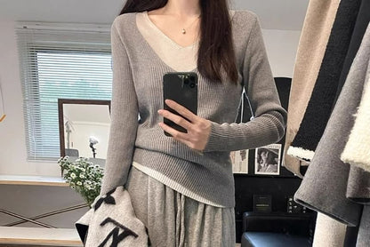 Long-Sleeve V-Neck Mock Two-Piece Two Tone Knit Top / Drawstring Waist Plain Wide Leg Sweatpants / Set