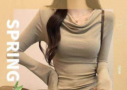 Long-Sleeve Cowl Neck Plain Asymmetrical Slim Fit T-Shirt