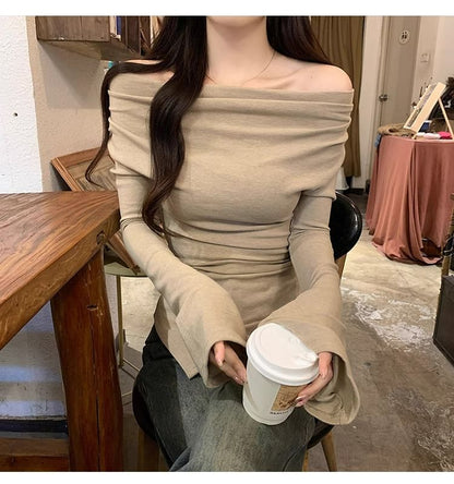 Long-Sleeve Cowl Neck Plain Asymmetrical Slim Fit T-Shirt