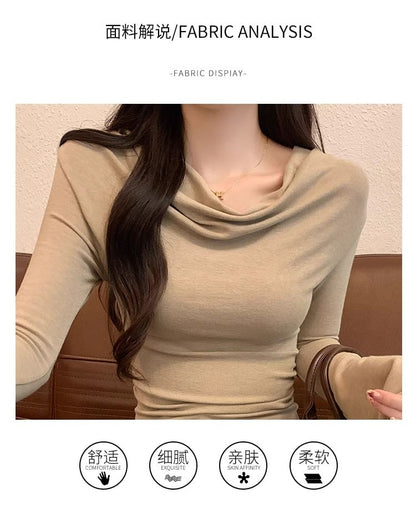 Long-Sleeve Cowl Neck Plain Asymmetrical Slim Fit T-Shirt