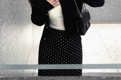 Scoop Neck Plain Crop Camisole Top / Crew Neck Button-Up Cardigan / High Rise Dotted Slit Maxi Pencil Skirt / Set