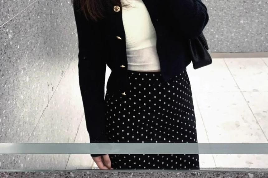 Scoop Neck Plain Crop Camisole Top / Crew Neck Button-Up Cardigan / High Rise Dotted Slit Maxi Pencil Skirt / Set