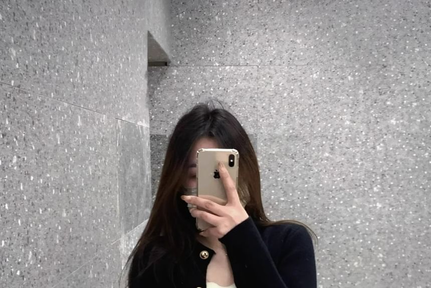 Scoop Neck Plain Crop Camisole Top / Crew Neck Button-Up Cardigan / High Rise Dotted Slit Maxi Pencil Skirt / Set