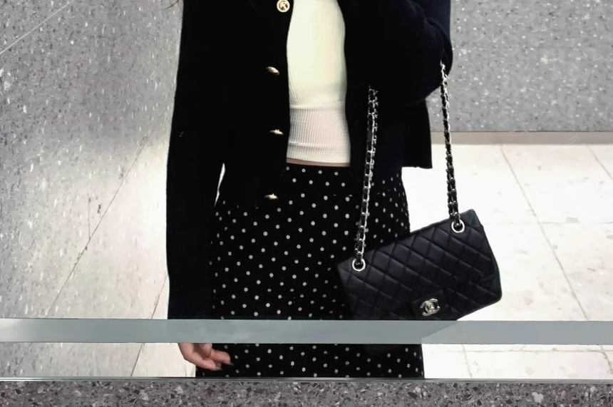 Scoop Neck Plain Crop Camisole Top / Crew Neck Button-Up Cardigan / High Rise Dotted Slit Maxi Pencil Skirt / Set