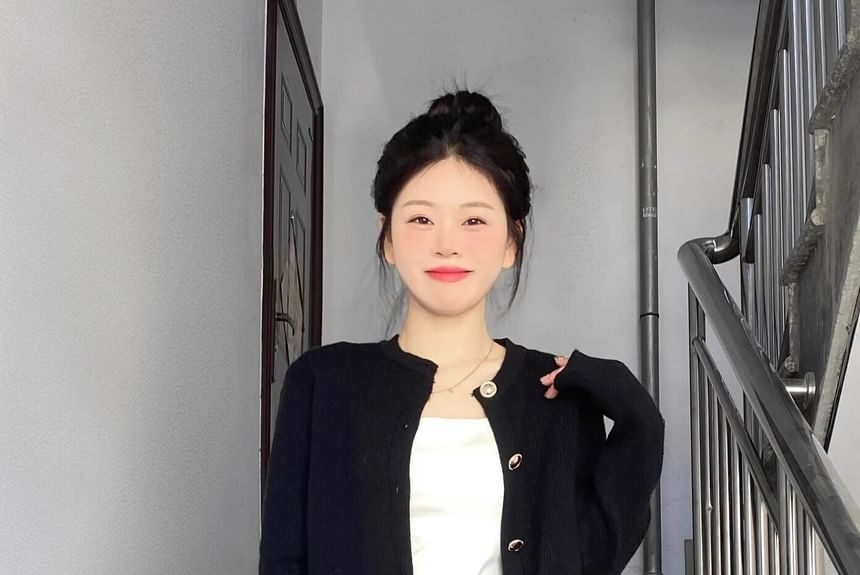 Scoop Neck Plain Crop Camisole Top / Crew Neck Button-Up Cardigan / High Rise Dotted Slit Maxi Pencil Skirt / Set