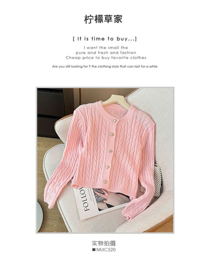 Cable-Knit Round-Neck Cardigan in 7 Colors