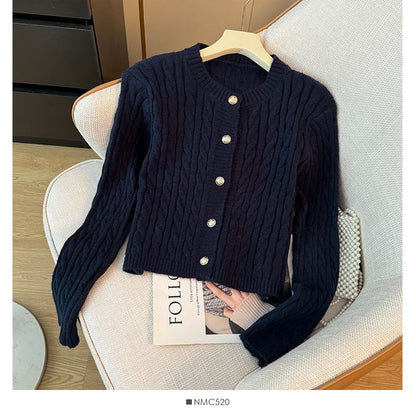 Cable-Knit Round-Neck Cardigan in 7 Colors
