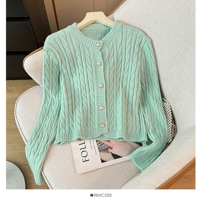 Cable-Knit Round-Neck Cardigan in 7 Colors