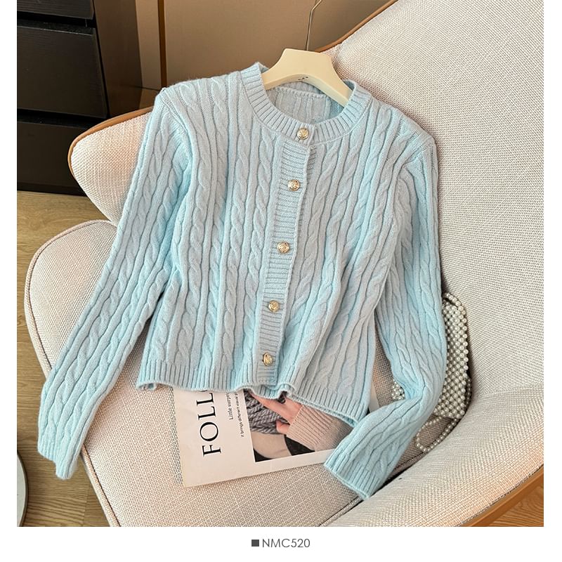 Cable-Knit Round-Neck Cardigan in 7 Colors