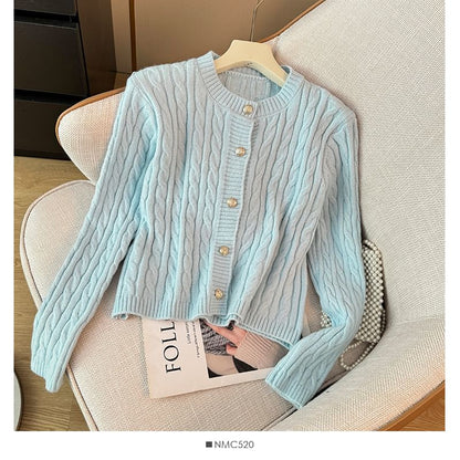 Cable-Knit Round-Neck Cardigan in 7 Colors