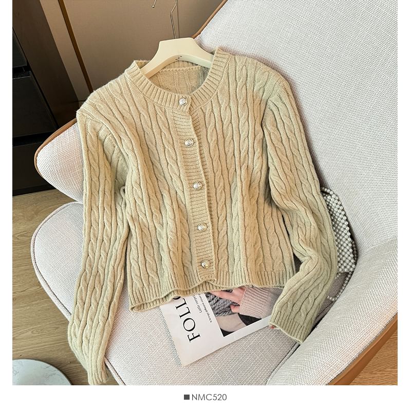 Cable-Knit Round-Neck Cardigan in 7 Colors