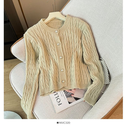 Cable-Knit Round-Neck Cardigan in 7 Colors