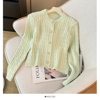 Cable-Knit Round-Neck Cardigan in 7 Colors