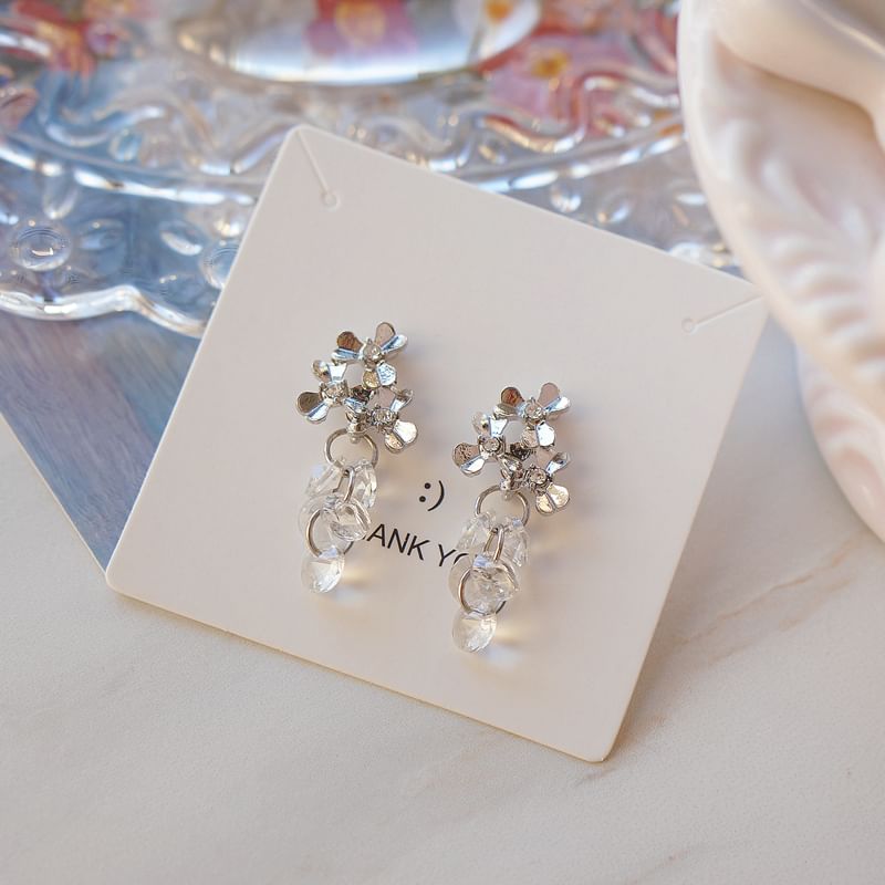 Clip-On Floral Drop Earring Faux / Rhinestone Crystal