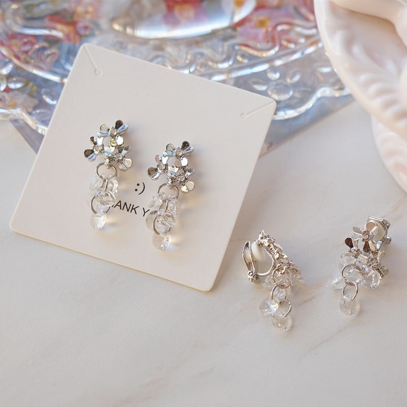 Clip-On Floral Drop Earring Faux / Rhinestone Crystal