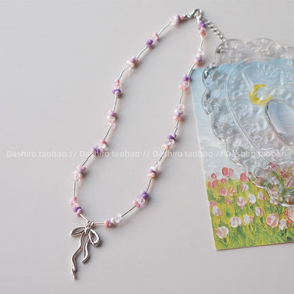 Pendant Beaded Necklace Irregular Bow