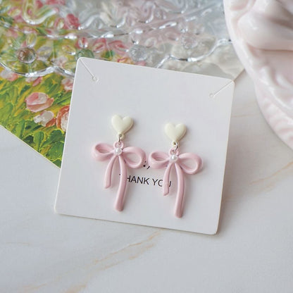 Earring Heart Pearl Drop Faux Bow / Clip-On