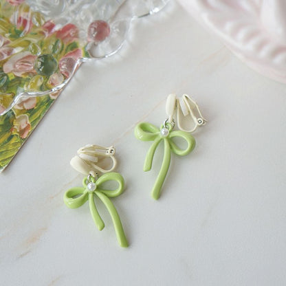 Earring Heart Pearl Drop Faux Bow / Clip-On