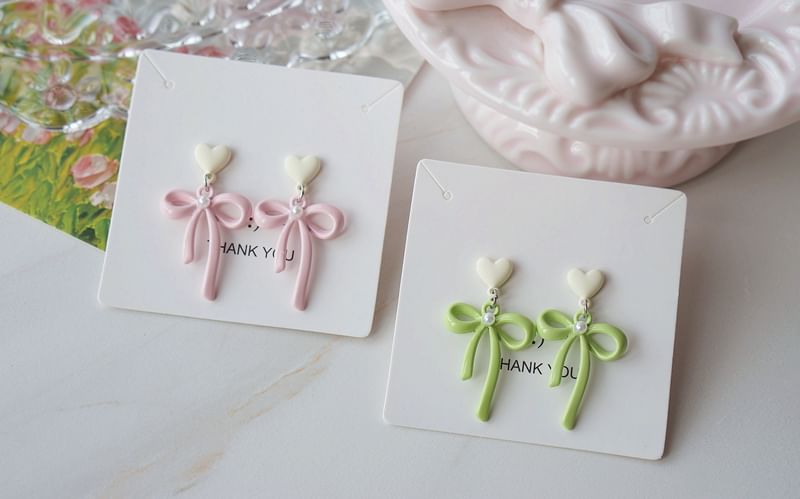 Earring Heart Pearl Drop Faux Bow / Clip-On