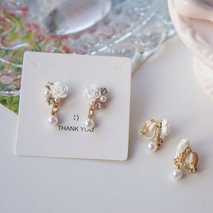Faux Rhinestone / Earring Pearl Floral Clip-On Drop