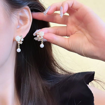 Faux Rhinestone / Earring Pearl Floral Clip-On Drop