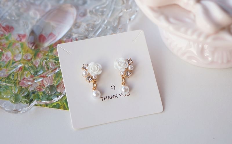 Faux Rhinestone / Earring Pearl Floral Clip-On Drop