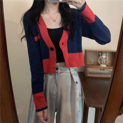 V-Neck Contrast Trim Button-Up Cardigan