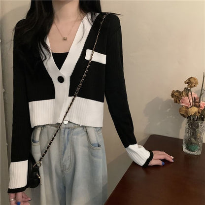 V-Neck Contrast Trim Button-Up Cardigan