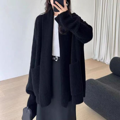 Ribbed Open Front Long Cardigan