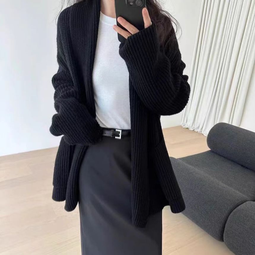 Ribbed Open Front Long Cardigan