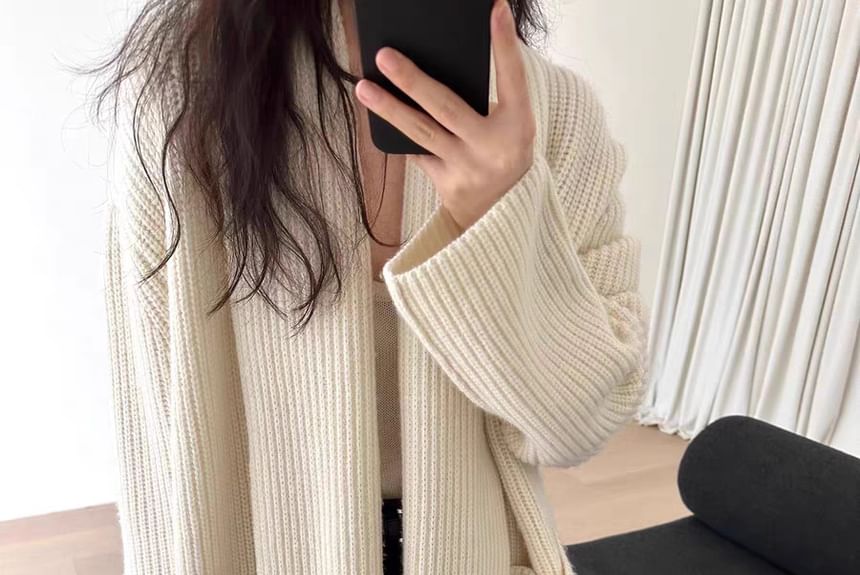 Ribbed Open Front Long Cardigan
