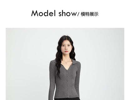 Collared V-Neck Ribbed Cardigan