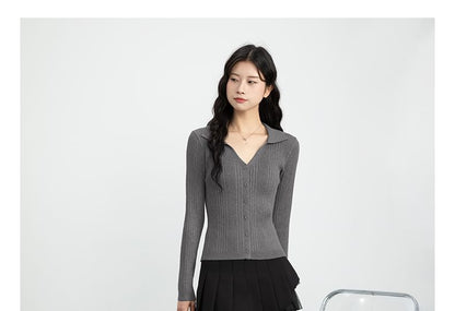 Collared V-Neck Ribbed Cardigan