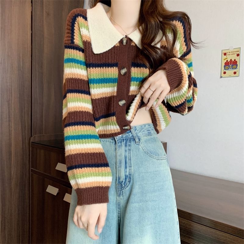 Contrast Collar Striped Ribbed Cardigan
