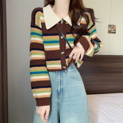 Contrast Collar Striped Ribbed Cardigan