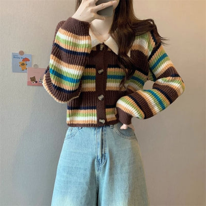 Contrast Collar Striped Ribbed Cardigan