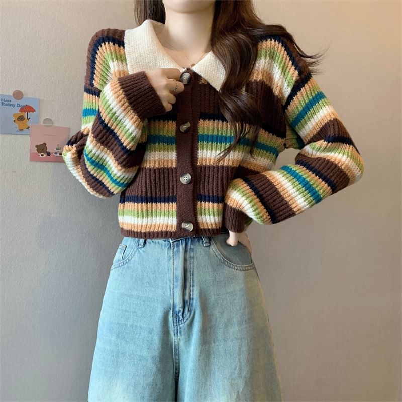 Contrast Collar Striped Ribbed Cardigan