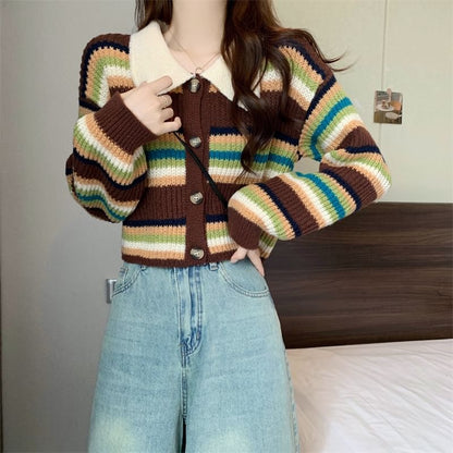 Contrast Collar Striped Ribbed Cardigan