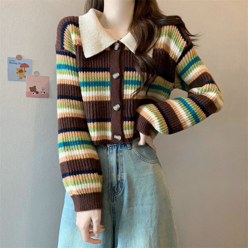 Contrast Collar Striped Ribbed Cardigan