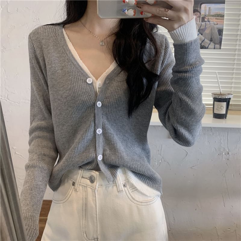 V-Neck Mock Two Piece Cardigan