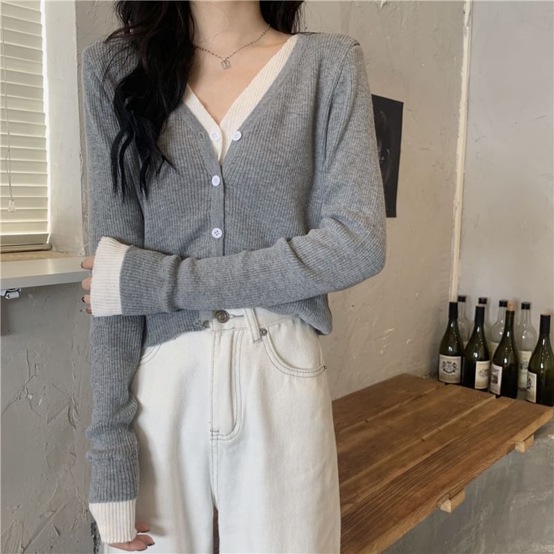 V-Neck Mock Two Piece Cardigan