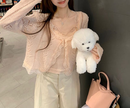 Lace Trim Knit Crop Camisole & Perforated Cardigan